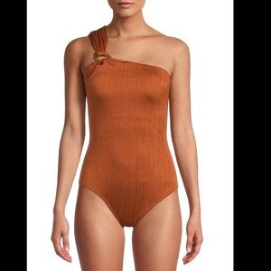 Time And Tru Swimsuit Large Brown Gold Stripe One Piece One Shoulder